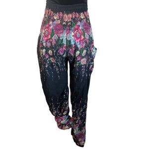 Bangkok Pants Black Floral Boho Harem Pants Festival Yoga Hippie Chic